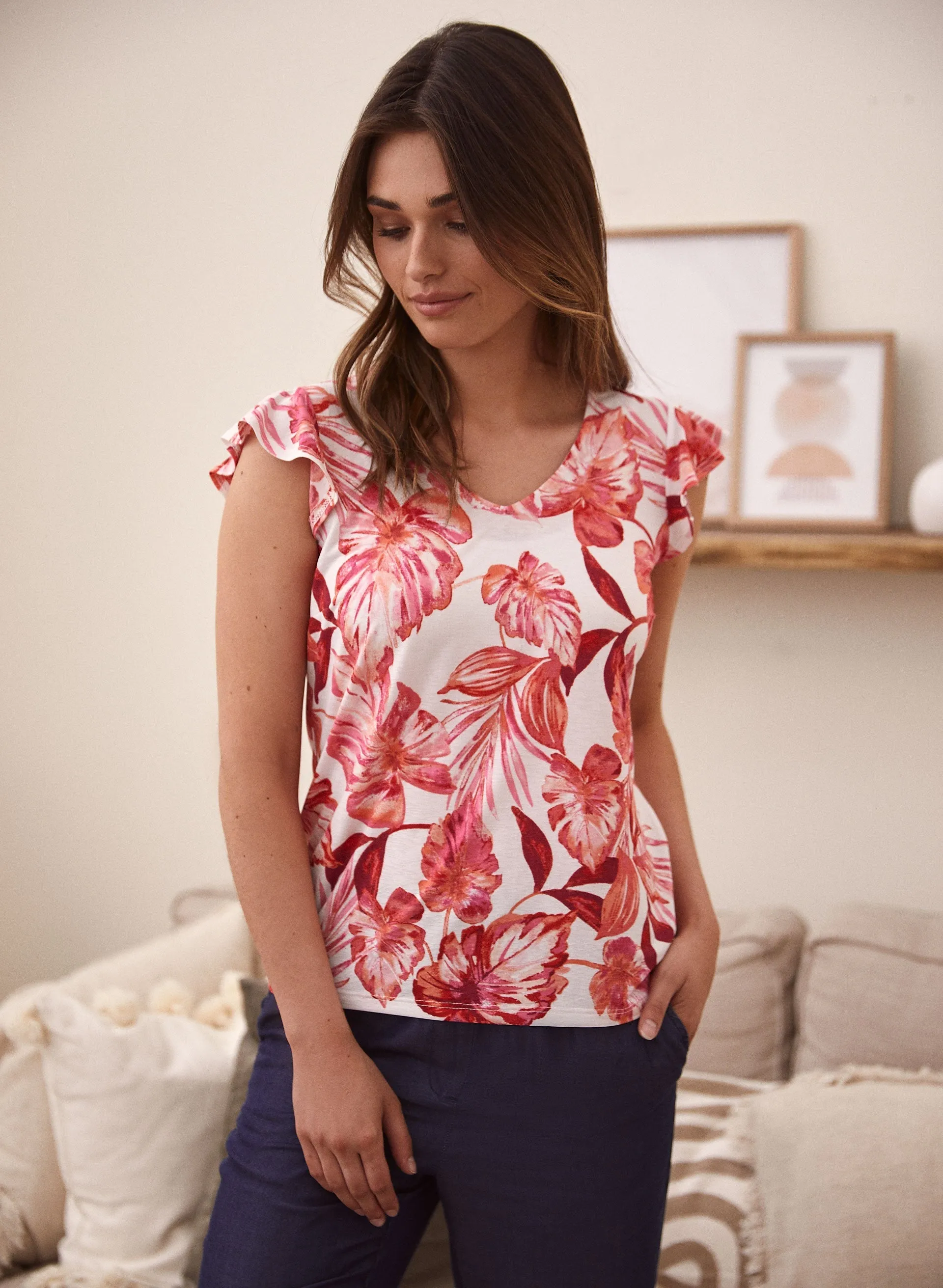Laura Leaf Print Flutter Sleeve Top Laura Leaf Print Flutter Sleeve Top - Image 1
